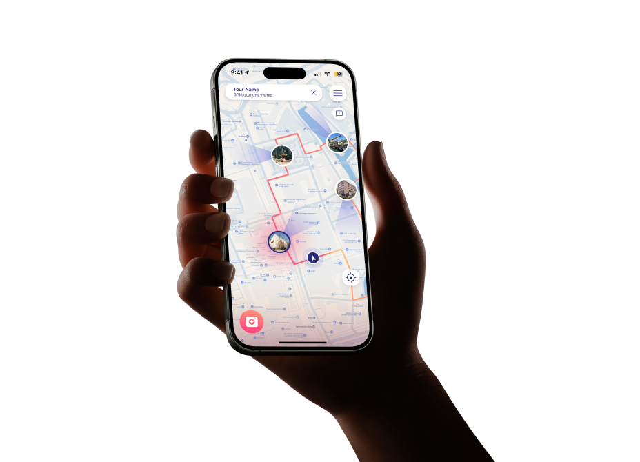Hand holding a phone showing the Timeblend app